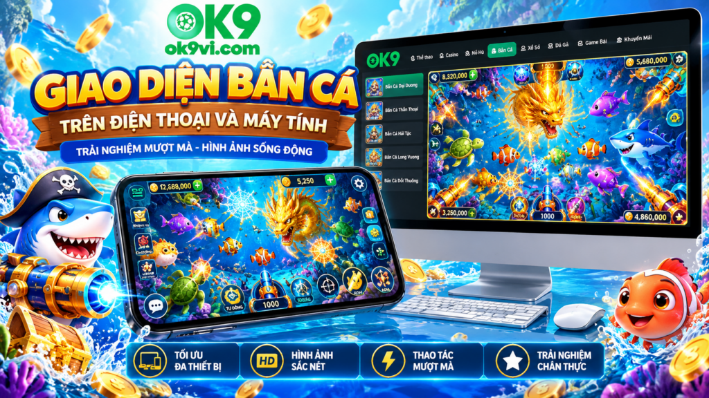 Giao diện Bắn Cá OK9 trên điện thoại và máy tính