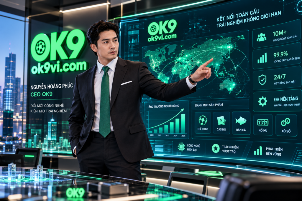CEO OK9 Nguyễn Hoàng Phúc đứng trước màn hình công nghệ hiện đại