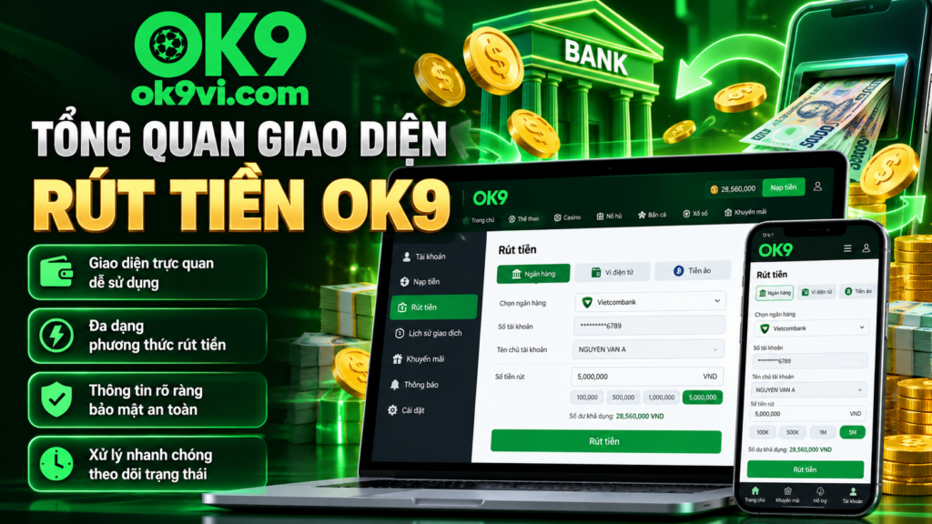 Tổng quan giao diện Rút Tiền OK9