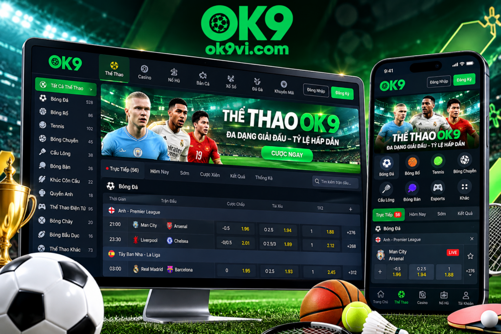 Giao diện Thể Thao OK9 trên điện thoại và máy tính